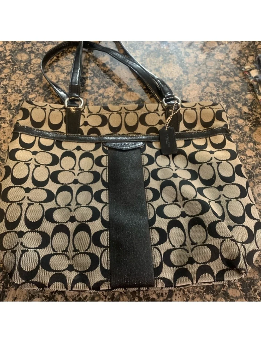Coach Monogram Canvas Tote in Black and Tan